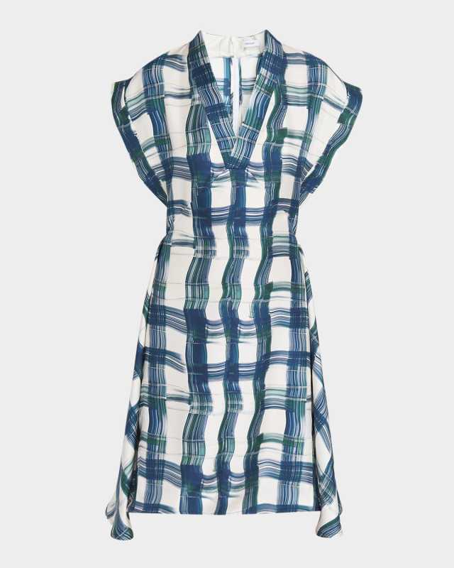 Brushstroke Check Short Silk Dress
